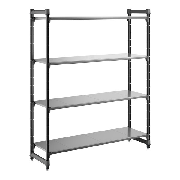 A black, four-shelf stationary shelving unit with solid shelves and a sturdy frame.