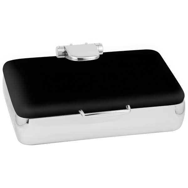 A white box with a black and silver Eastern Tabletop rectangular chafing dish inside.