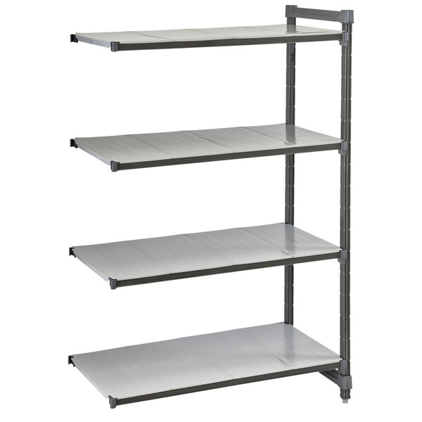 A grey metal Cambro Camshelving Basics Plus add on unit with four shelves.