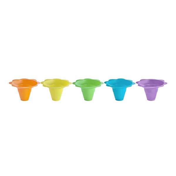 A row of colorful plastic flower-shaped Sno-Cone cups.