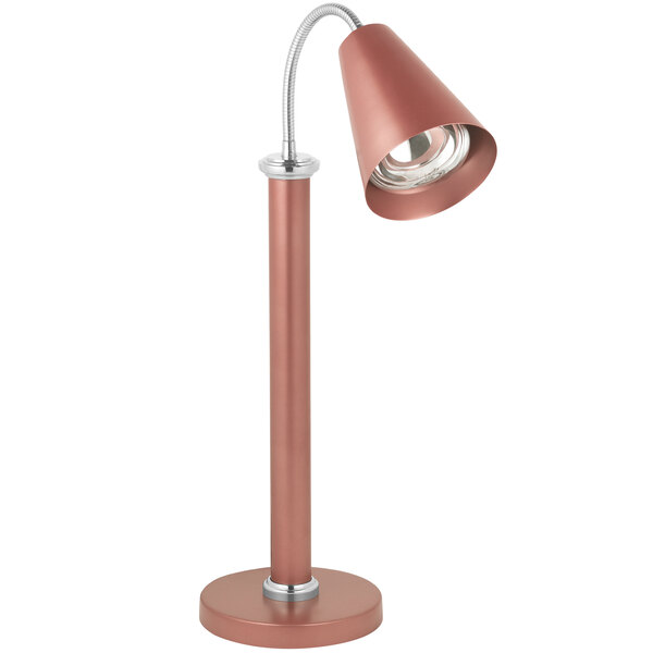 A copper coated stainless steel freestanding heat lamp with a metal pole and adjustable neck.