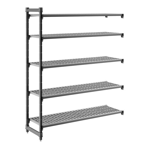 A five-tier vented shelving unit with a metal frame and slatted shelves.