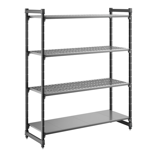 A black stationary shelving unit with three vented shelves and one solid shelf.