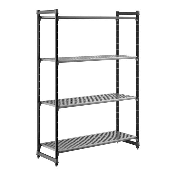 A black, four-shelf vented stationary shelving unit designed for storage and organization.