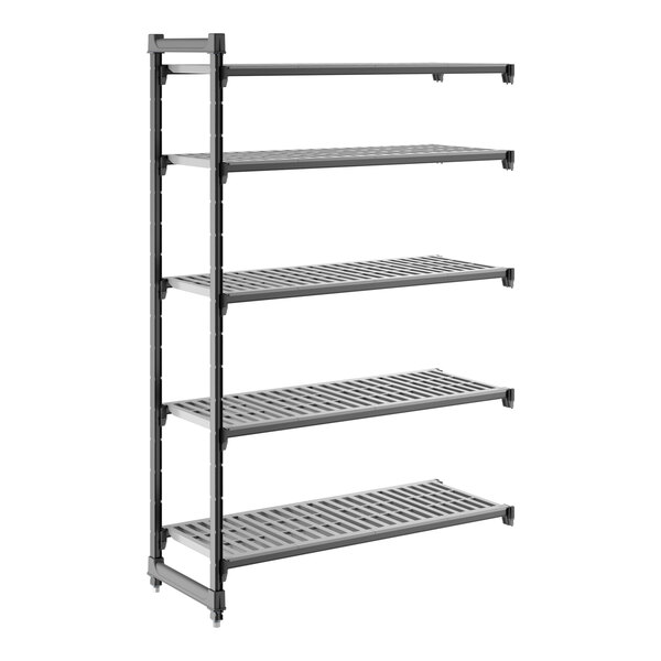 A black, five-tier vented shelving unit designed for storage and organization.