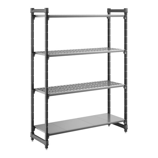 A black stationary shelving unit with three vented shelves and one solid shelf.