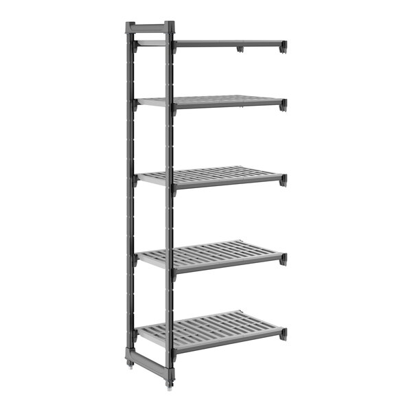 A gray, five-tier vented shelving add-on unit made of plastic, designed for storage and organization.