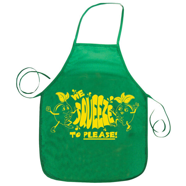 A green bib apron with yellow lemons and the words "We Squeeze to Please" in white.