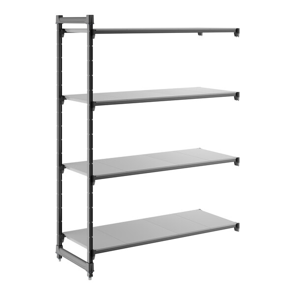 A four-shelf solid add-on shelving unit with a black frame and gray shelves.