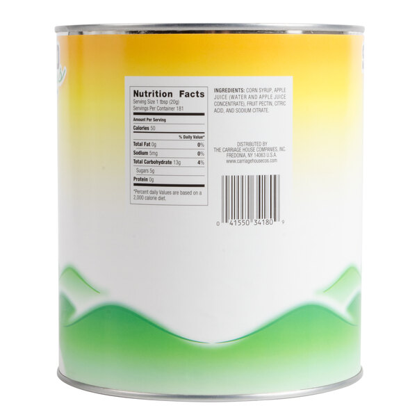 A white #10 can of Stratford Farms apple jelly with a green and yellow label.