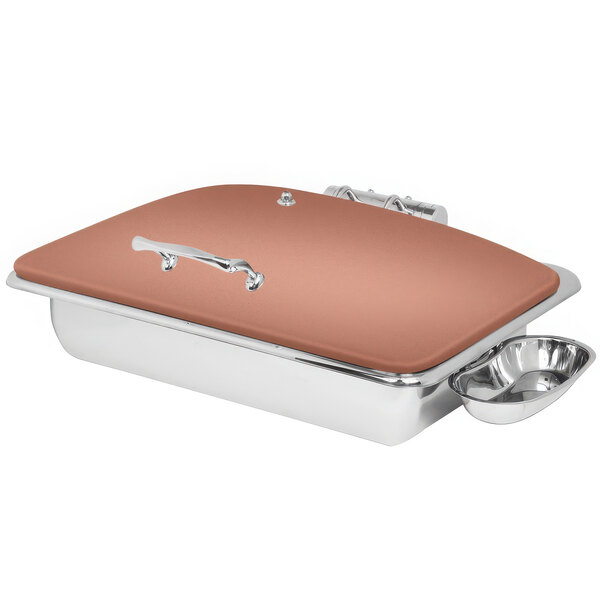 A rectangular stainless steel chafing dish with silver handles and a copper lid.