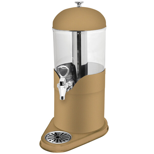 A bronze coated stainless steel juice dispenser with an acrylic container and metal stand.