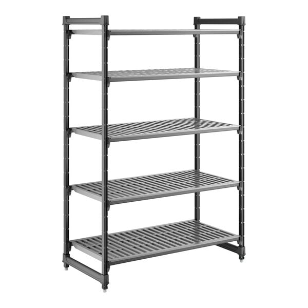 A five-shelf vented stationary shelving unit made of plastic, measuring 24 inches by 48 inches by 72 inches.