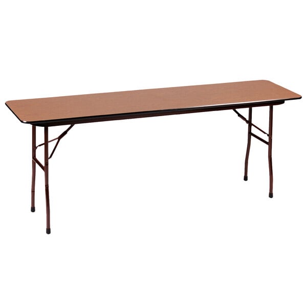 A brown rectangular Correll folding table with metal legs.