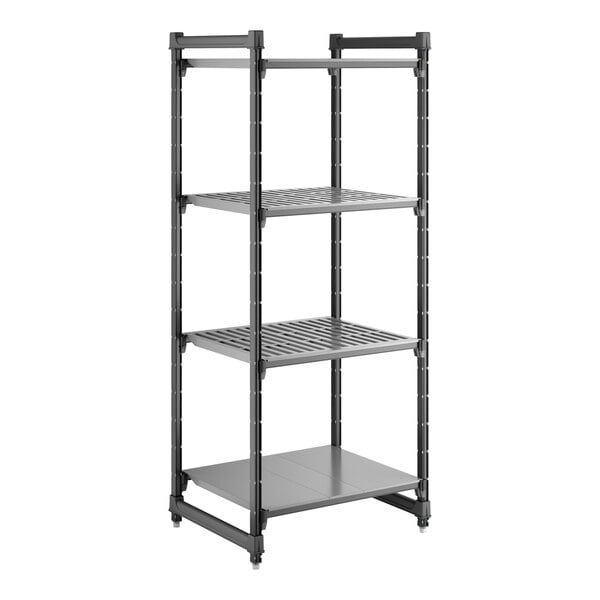 A tall, black stationary shelving unit with three vented shelves and one solid shelf.