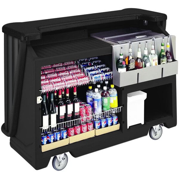 A black Cambro portable bar cart with a variety of beverages.