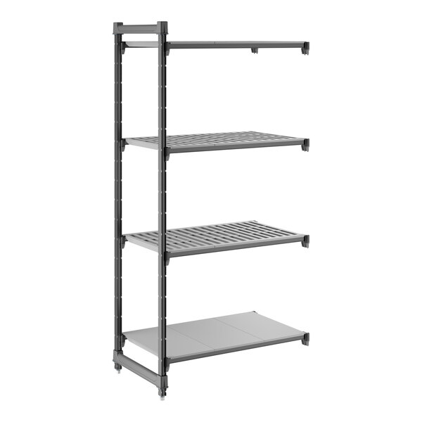 A metal shelving unit with three vented shelves and one solid shelf.