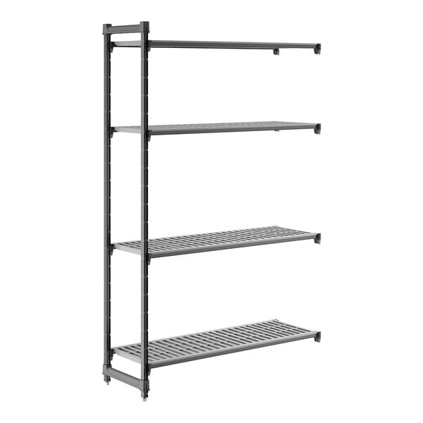 A black vented four-shelf add-on shelving unit designed for storage and organization.