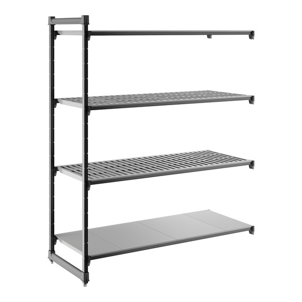 A black metal shelving unit with three vented shelves and one solid shelf.