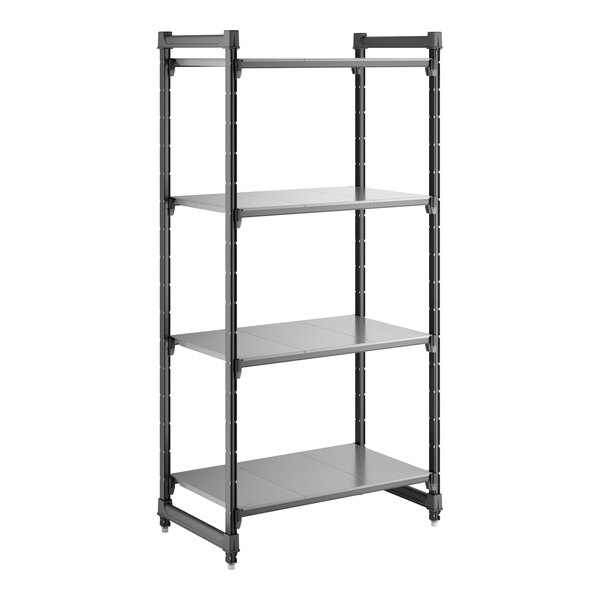 A black four-shelf stationary shelving unit with solid shelves and a sturdy frame.