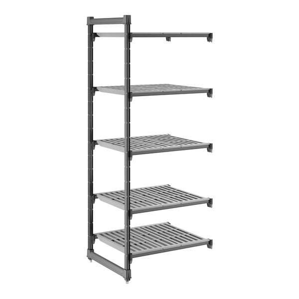 A gray vented five-shelf add-on shelving unit made of plastic, designed for storage and organization.