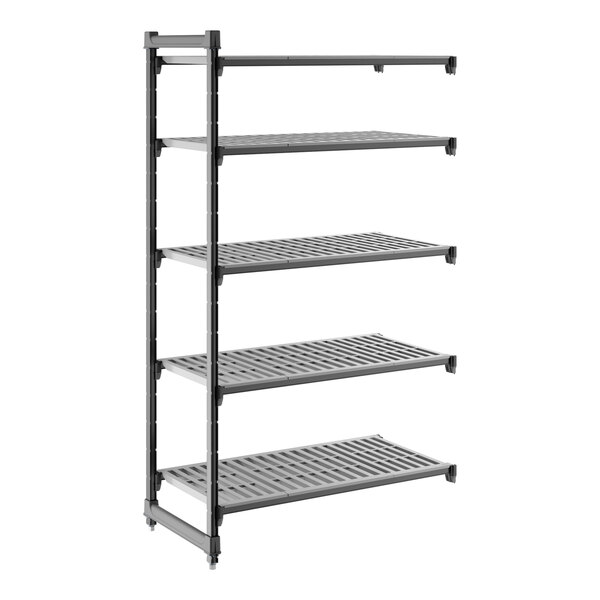 A gray vented five-shelf add-on shelving unit made of plastic.
