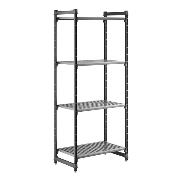 A tall, four-shelf, vented, stationary shelving unit made of durable plastic.