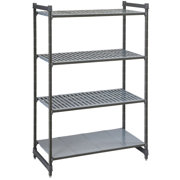 A grey metal Cambro Camshelving Basics Plus stationary unit with 3 vented shelves and 1 solid shelf.