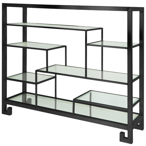 A black metal multi-level display stand with clear glass shelves.