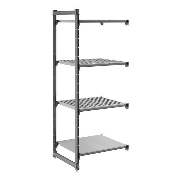 A black shelving unit with three vented shelves and one solid shelf.