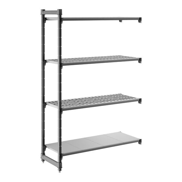 A black shelving unit with three vented shelves and one solid shelf.