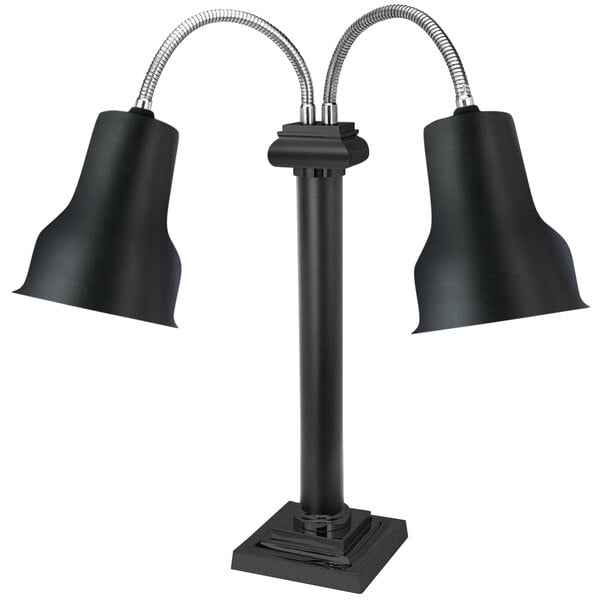 A black freestanding stainless steel heat lamp with two adjustable necks and black shades.
