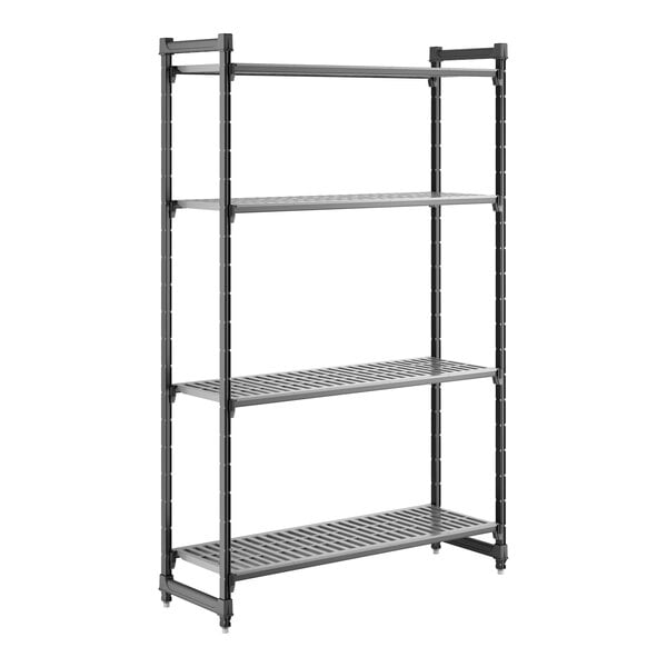 A tall, four-shelf, vented, stationary shelving unit made of durable plastic.