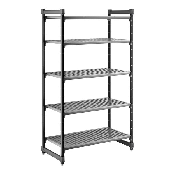 A gray, five-shelf vented plastic shelving unit designed for storage and organization.
