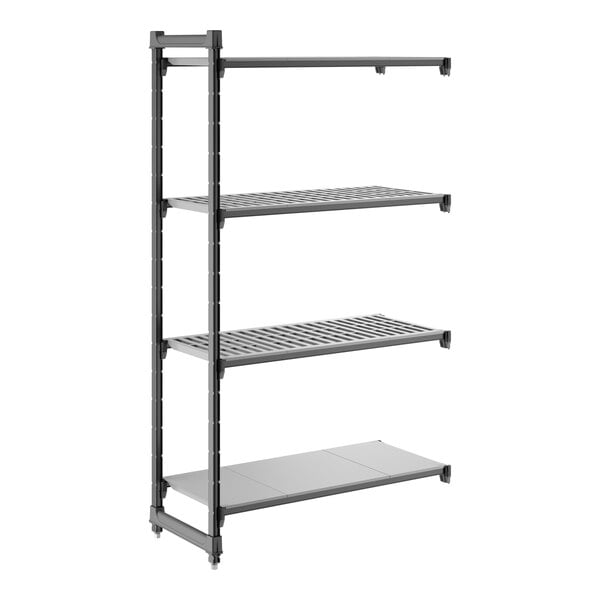 A black shelving unit with three vented shelves and one solid shelf.