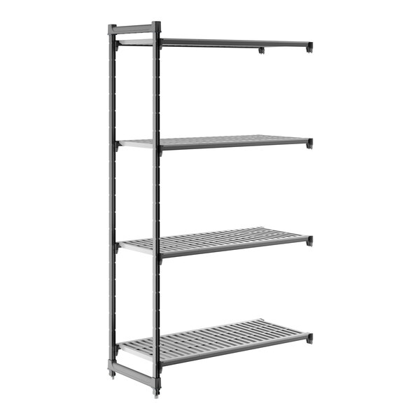A metal shelving unit with four vented shelves designed for storage and organization.