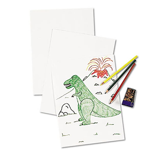 A drawing of a dinosaur on Pacon drawing paper with colored pencils.