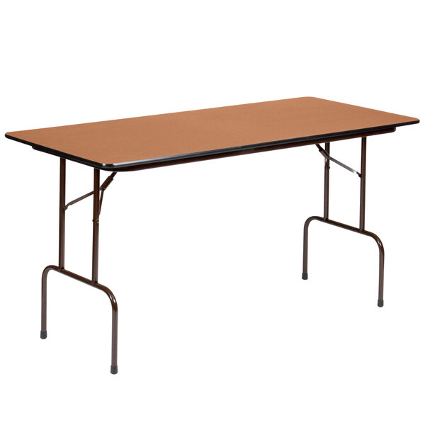 A brown rectangular Correll folding table with metal legs.