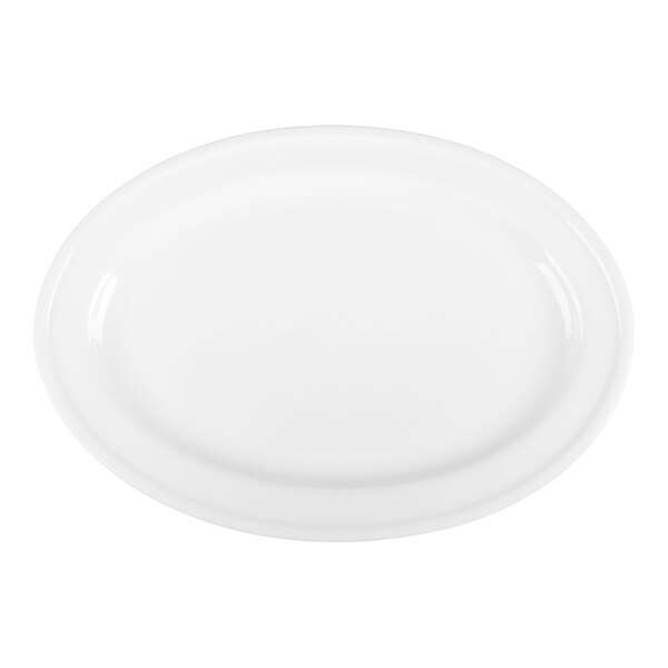 A plain, oval-shaped white porcelain platter with a smooth surface and slightly raised rim.