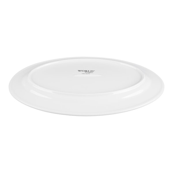 A white oval porcelain platter shown upside down with a small logo and text at the center.