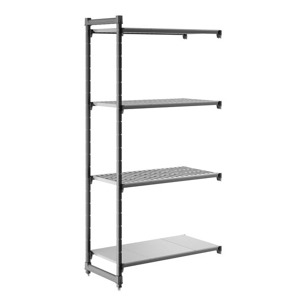 A black shelving unit with three vented shelves and one solid shelf, designed for storage and organization.