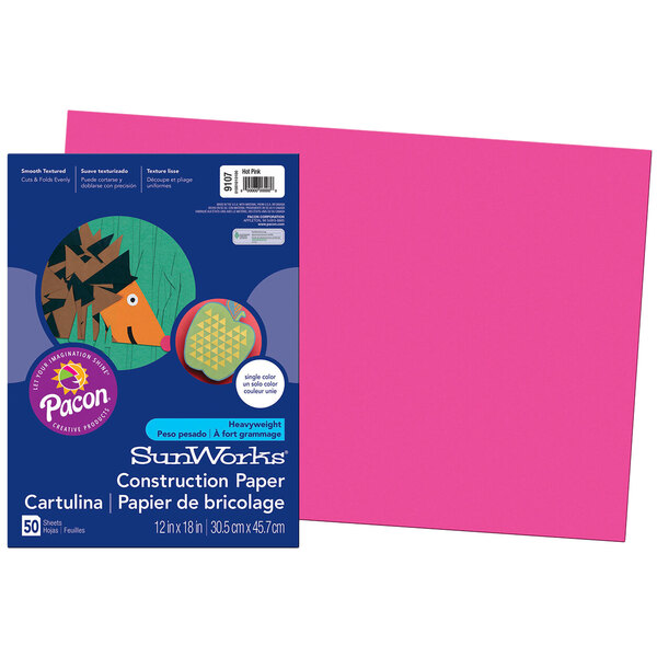 SunWorks hot pink construction paper pack with 50 sheets.