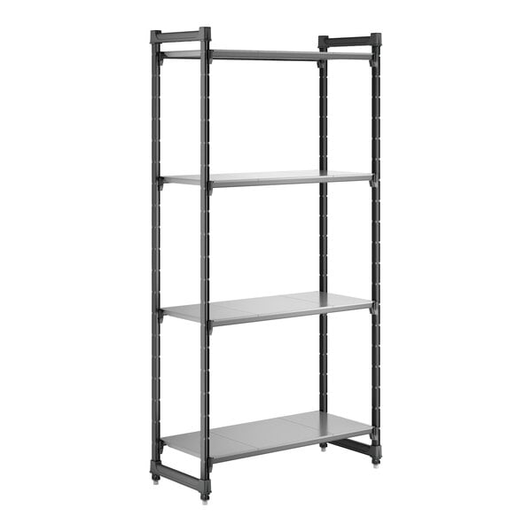 A tall, black, four-shelf stationary shelving unit.