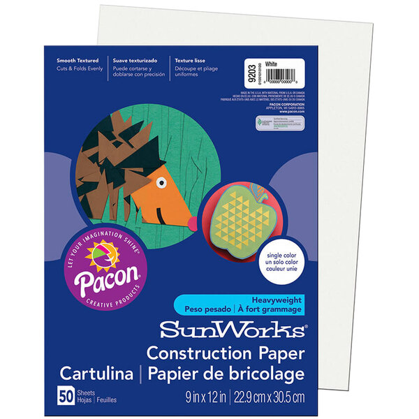 A blue and white package of SunWorks white construction paper with a hedgehog and apples.