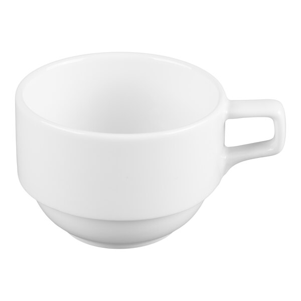A plain white porcelain cup with a handle, designed for stacking.