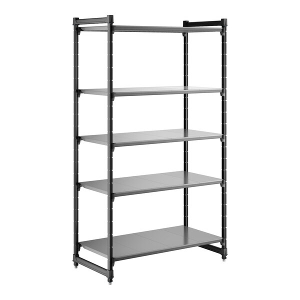A black five-shelf stationary shelving unit with solid shelves and a metal frame.