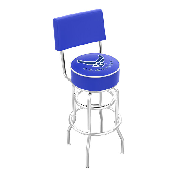 A blue Holland Bar Stool with United States Air Force logo on the seat and back.