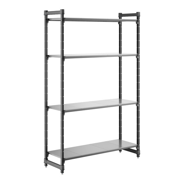 A four-shelf black stationary shelving unit with solid shelves and a metal frame.