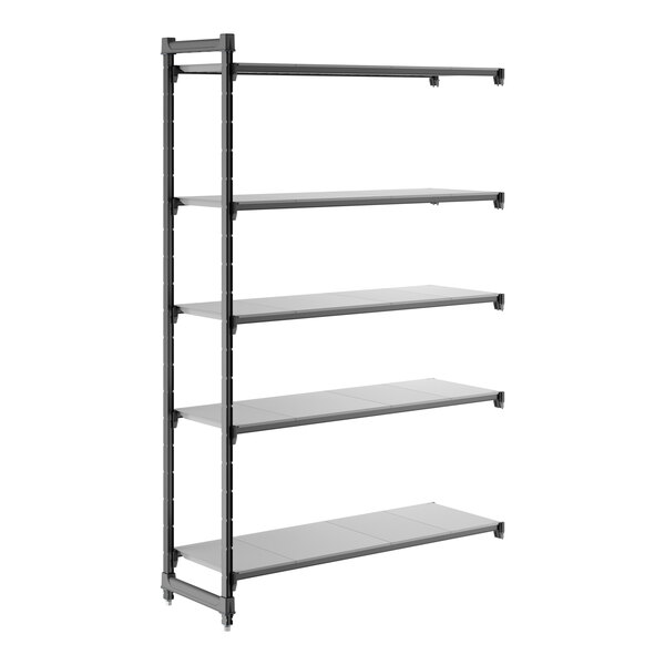 A five-shelf, solid add-on shelving unit with a black frame and gray shelves.