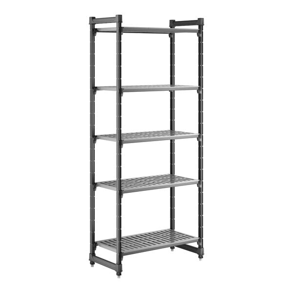 A tall, gray, five-shelf vented plastic shelving unit designed for storage.